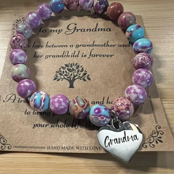 Grandma Heart Charm Beaded Bracelet - Purple & Turquoise Beads - Picture 1 of 2